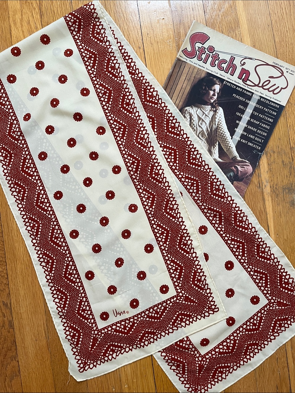 70s Vintage Vera Long Scarf Rust Red Brown & Cream Hand Rolled Headscarf